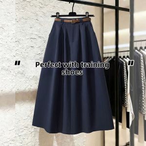 Dark Blue European Style Flared Skirt Mid-Length High Waist Stretchy A-line Skirt