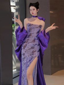 Elegant Purple Evening Gown for Year-End Dinner Party Wedding Banquet Hostess Fish Tail Dress Luxury Subtle Crowd Pleaser