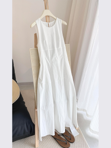 Elegant Pure White Sleeveless Dress Womens Fashion Summer New Arrival Comfortable Fit round Neckline Polyester Blend Skirt