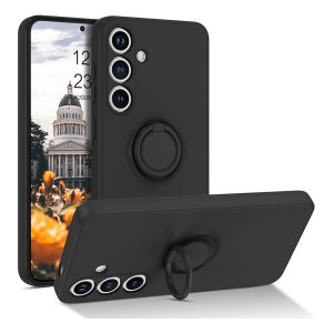 For Samsung Galaxy S25 Liquid Silicone Phone Case with Ring Stand Magnetic Shockproof Anti-Fingerprint Protective Cover