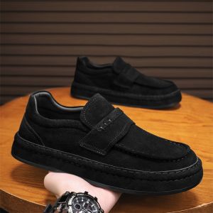 Casual Bean Shoes Mens Autumn Winter Work Flip Fur Leather Slip-On Soft Bottom Leisure Loafers Black Workwear Casual Shoes