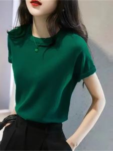 Slimming Ice Silk Knitted Short Sleeve T-Shirt round Neck Summer Fashion Womens Thin Style Commute Korean Version Straight Cut