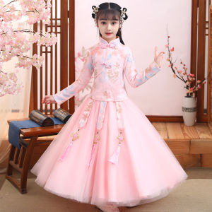 VTVK Princess Style Hanfu Dress Set for Girls Spring Autumn Two Piece Suit Childrens Clothing Traditional Chinese Ethnic Wear
