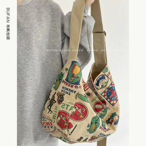 Trendy American Retro Canvas Tote Bag Womens Crossbody Bag Large Capacity Student Class Book Bag Magnetic Buckle Closure Shopping Bag Shape Casual Leisure