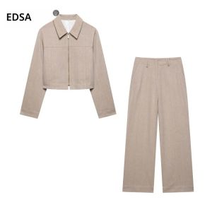 EDSA ผู้หญิงสีกากี Herringbone กางเกงชุด Cropped เสื้อแขนยาวซิปด้านข้าง Low-RISE ตรงขายาวกางเกงหญิงชุด