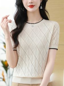 Áo Thun Tay Ngắn Bằng Lụa Băng Mỏng Khoét Rỗng Mùa Hè Cho Mẹ Áo Thun Cổ Tròn Dáng Rộng Màu Trơn Phong Cách Hàn Quốc Fazeya