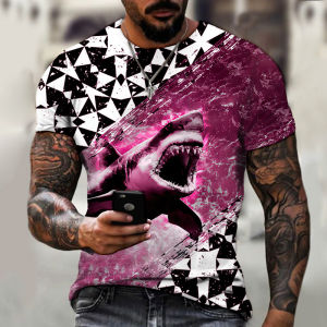 3D Shark Print Patchwork Short Sleeve T-Shirt Youth Summer Fashion Digital Printing Top for Men Standard Fit Casual Tee
