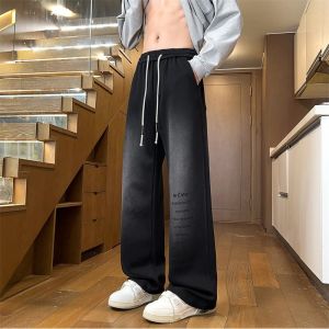 Heavyweight Autumnal Youthful American Letter Print Casual Pants Two-Way Wear Comfortable Versatile Long Trousers Straight Leg Cotton Elastic Waist
