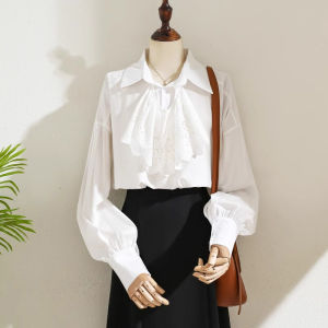 เสื้อเชิ้ตคอปุ่มแขนยาวผู้หญิงสีขาวสไตล์เกาหลีฤดูใบไม้ร่วง/ฤดูหนาว เสื้อเชิ้ตแขนพองชั้นในลายดอกไม้สำหรับผู้หญิงไซส์เล็ก