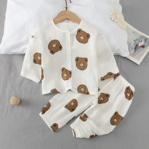 Pure Cotton Gauze Kids Summer Loungewear Boys Double-Layer Cotton Linen Girl Pure Cotton Suit Baby Clothes in Air-Conditioned Room Pajamas