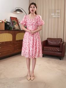 Floral Color Bubble Sleeves Bead Decorated Square Collar Dress