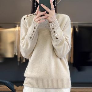 WANGGONGZHU | Princess Style Knitted Wool Base Shirt Button Up Half High Collar Loose Fit Overhead Womens Inner Wear Autumn Winter New Arrival