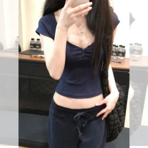 Áo Thun Nữ Tay Ngắn Cổ Tim Ôm Vừa Vặn Mùa Hè Phong Cách Ngọt Ngào Và Cay Nồng Pure Cotton High Waist Short Length