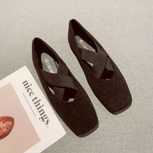 Elastic Cross Band Retro Square Toe Bean Shoes Womens Soft Bottom Flat Bottom Slip-On Shoes Comfortable Spring New Style