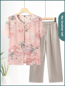Ladieswear Summer Clothing Short Sleeve T-shirt Female Middle-Aged and Elderly Fake Two-Piece Chiffon Loose-Fitting Western Style Top Grandma New Arrival Suit