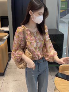 French Style Floral Print Chiffon Shirt Womens Summer Elegant Bubble Sleeve Top Stylish Small Size Shirt Korean Version Straight Cut Long Sleeve round Neck
