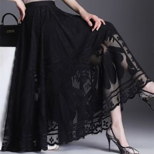 Slimming Large Size Long Lace Trim A-Line Skirt Womens High Waist Pleated Tulle Fairy Skirt Summer 2024 Fashion Trend