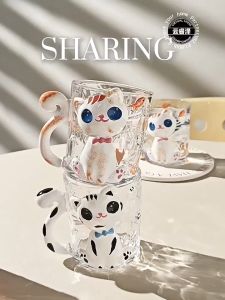 แก้วกาแฟ 300ml แก้วน้องแมว มีหูจับ ลายการ์ตูนแมว ถ้วยลายการ์ตูนลายนูน **พร้อมส่ง**