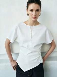 AMII | Summer New Asymmetric Boat Neck Mesh Splicing T-shirt Short Sleeve