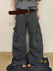 Loose Casual Womens Work Pants Multi-Pocket American Retro High Waist Straight Leg Floor-Length Trousers Versatile Casual Jeans