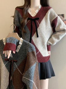 Red Diamond Grid Knitwear Womens Large Size Lace V-neck Christmas Retro Top Winter New Style Apple And Pear Body Type Fit