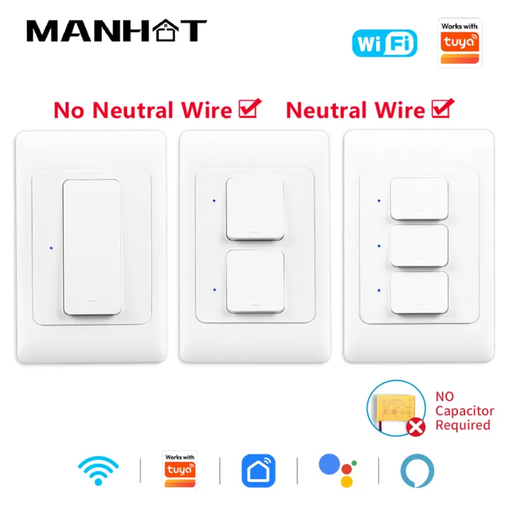 Smart WiFi Push Button Switches NO Neutral Wire &With Neutral Wire US AU Physical Interruptor Work with Tuya Google Home Alexa