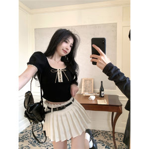 Sweet And Spicy Short Sleeve T-Shirt Womens Summer 2025 New Butterfly Knot Tie Color Block Slim Fit Short Style Elegant Top