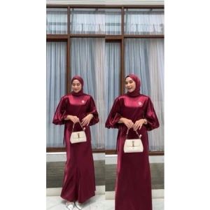 Dress Silk Kondangan/Gamis Satin Kekinian/Dress Lengan Balon/Dress Kondangan Terbaru 2024/Gamis Lebaran Terbaru