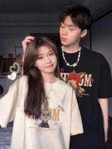 Áo Thun Cotton Tay Ngắn Mùa Hè Cho Cặp Đôi Họa Tiết Hoạt Hình Cổ Tròn Dáng Rộng Thoáng Khí Thoải Mái Phong Cách Công Sở Dành Cho Nữ