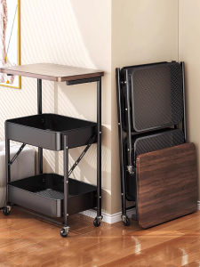 Foldable Small Cart Storage Rack Bedroom Living Room Side Table Snack Organizer Multi-layer Carbon Steel Shelf No-installation