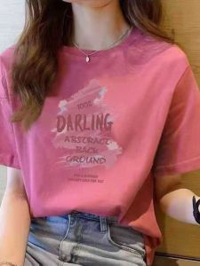 เสื้อยืดแขนสั้นผ้าฝ้ายบริสุทธิ์สําหรับผู้หญิง 2024 มาใหม่มีสไตล์พิมพ์เสื้อผ้าทํางานลําลองหลวมประเภทความหนาปกติ