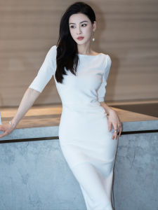 High Waist Slim Fit White Dress Retro Style One-Word Collar Zipper Closure Bodycon Skirt for Women Spring Summer Autumn