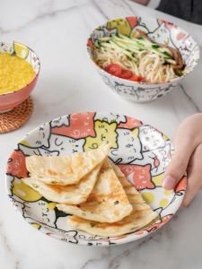 Cute Cartoon Cat Bowl Japanese Style down Glaze Childrens Bowl Dishware Mino Yaki Ceramic round Shape Animal Pattern