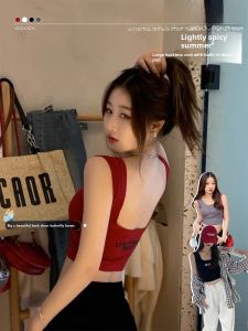 Red Mini Strap Vest Womens Inner Wear Base Shirt with Chest Pad Beautiful Back Bra Integrated Sweet Spicy Girl Top Summer Outerwear