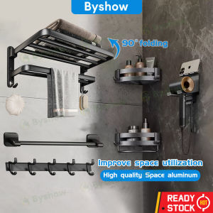 Byshow Foldable Bath Towel Hanging Holder Space Aluminum Bathroom Towel Rack toilet Folding Shelves Towel Rail Bar Wall Mounted Rak Tuala Mandi Penyangkut Tuala Organizer 毛巾架