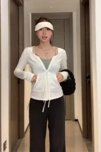 YUEZHONGWEI | Áo khoác cardigan lụa băng màu trắng có mũ trùm đầu mỏng mùa hè cho nữ Áo khoác ngoài ngắn chống nắng Áo khoác ngoài bó sát