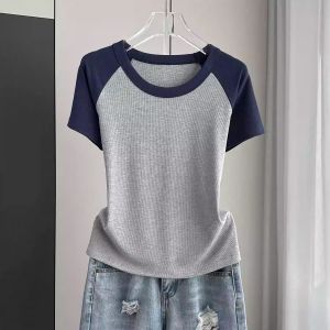 Áo Thun Nữ Tay Ngắn Cổ Tròn Ôm Vừa Vặn Màu Khối Thời Trang Mùa Hè 2025 Áo Thun Thể Thao Màu Xám Ngắn Bên Trong