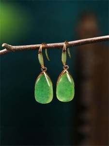 Gold Plated Jadeite Earrings Womens Fashion Retro Style  Outrageous Pair Alloy Gemstone Floral Pattern for Hanfu Qipao