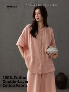 Nanjiren | Double Layer Cotton Womens Summer Sleepwear Short Sleeve Long Pants Set