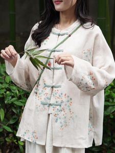 Traditional Chinese Style Womens Long Sleeve Shirt Hanfu Loose Fit Printed Mung Bean Fiber Outerwear with Button Detail