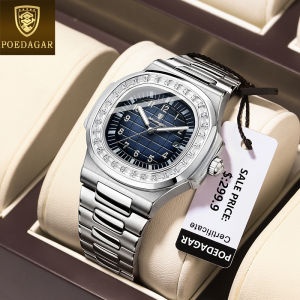 POEDAGAR square watch for men waterproof 2024 new stainless steel calendar earth dial design business dress watch blue/black/green