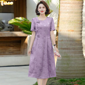 Elegant Short Sleeve Silk Dress for Middle-Aged And Elderly Women Hangzhou Xiangyun Silk V-Neck Midi Dress Summer Fashion