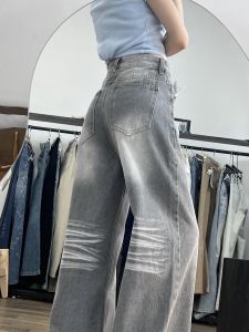 High Waist Loose Fit Grey Denim Jeans Womens Wide Leg Floor-Length Pants Straight Cut Retro Style Spring Autumn Ladies Jeans
