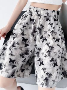 กางเกงขาสั้นผีเสื้อผ้าไหมน้ําแข็งเอวสูงสําหรับผู้หญิงมาใหม่ฤดูร้อน 2024 น้ําหนักเบากางเกงชายหาดสบายๆพร้อมกระเป๋า