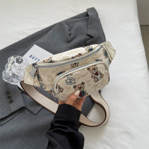 Korean Style Cartoon Bear Print Mini Bag Womens Fashionable Canvas Waist Bag Summer Underarm Chest Bag Casual Zipper Closure