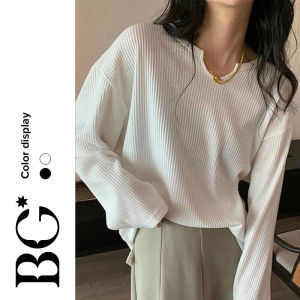 BG World เย็นสบายหน้าร้อน ใหม่ เสื้อยืด แขนยาว ทรงหลวม ลายวาฟเฟิล สไตล์เกาหลี เสื้อกันหนาว