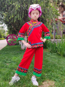 ชุดเด็กผู้หญิงสไตล์ชาติพันธุ์สีเขียวแขนยาว ชุดสองชิ้น ชุดลำลองสีแดงและสีเขียวสำหรับเด็กอายุ 4-13 ปี