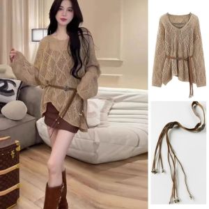 Áo Len Dệt Kim Khoét Lỗ Thiết Kế Cho Nữ Tay Dài Dáng Rộng Cỡ Lớn Áo Khoác Ngoài Áo Khoác Ngoài Mùa Thu Mới Áo Len Dệt Kim