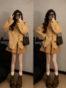 XUECAIQI | Autumn and Winter Soft Knit Sweater Cardigan and Skirt Two-Piece Set