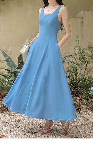 Elegant U-Neck Sleeveless A-Line Tailored Waist-Cinching White Summer Dress
